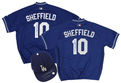Gary Sheffield Game Worn and Signed Los Angeles Dodgers Lot of (3): Pair of BP Jerseys and Cap